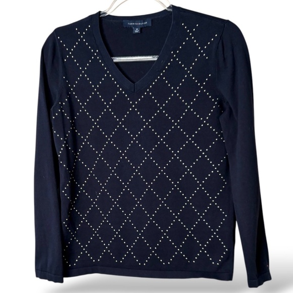 TOMMY HILFIGER 100% Cotton Navy Blue Studded Vee Neck Sweater Sz M - Picture 4 of 10
